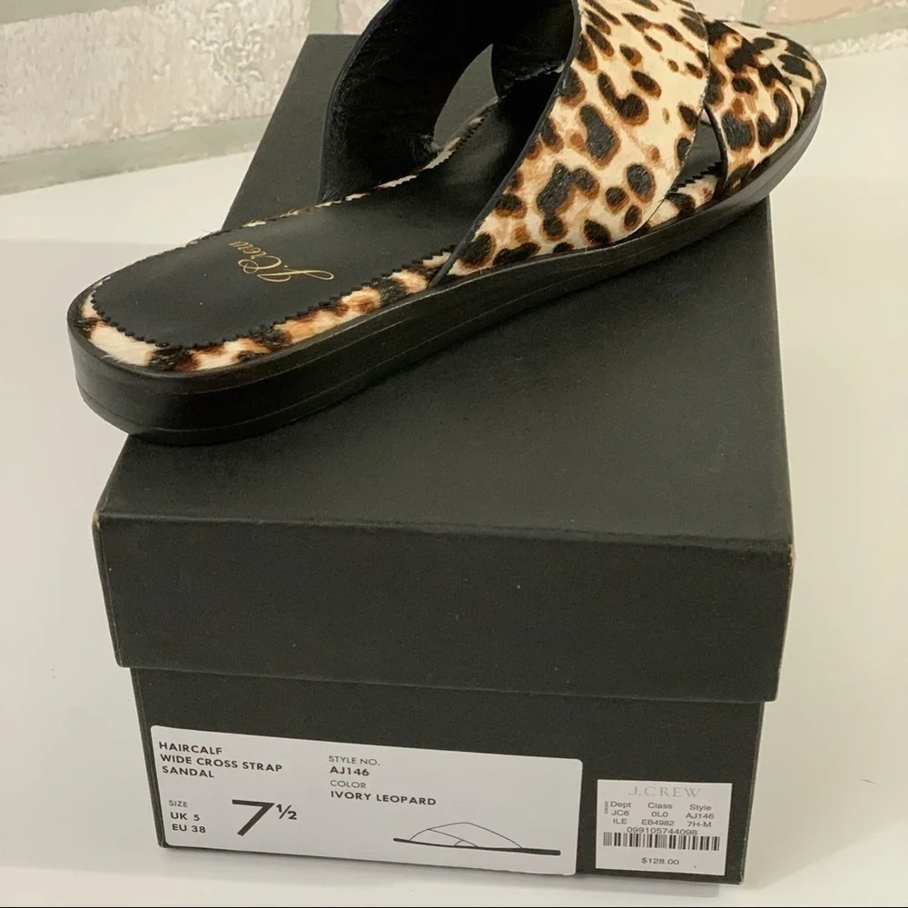 J. Crew NEW Leopard Calf Hair Cross Strap Sandals